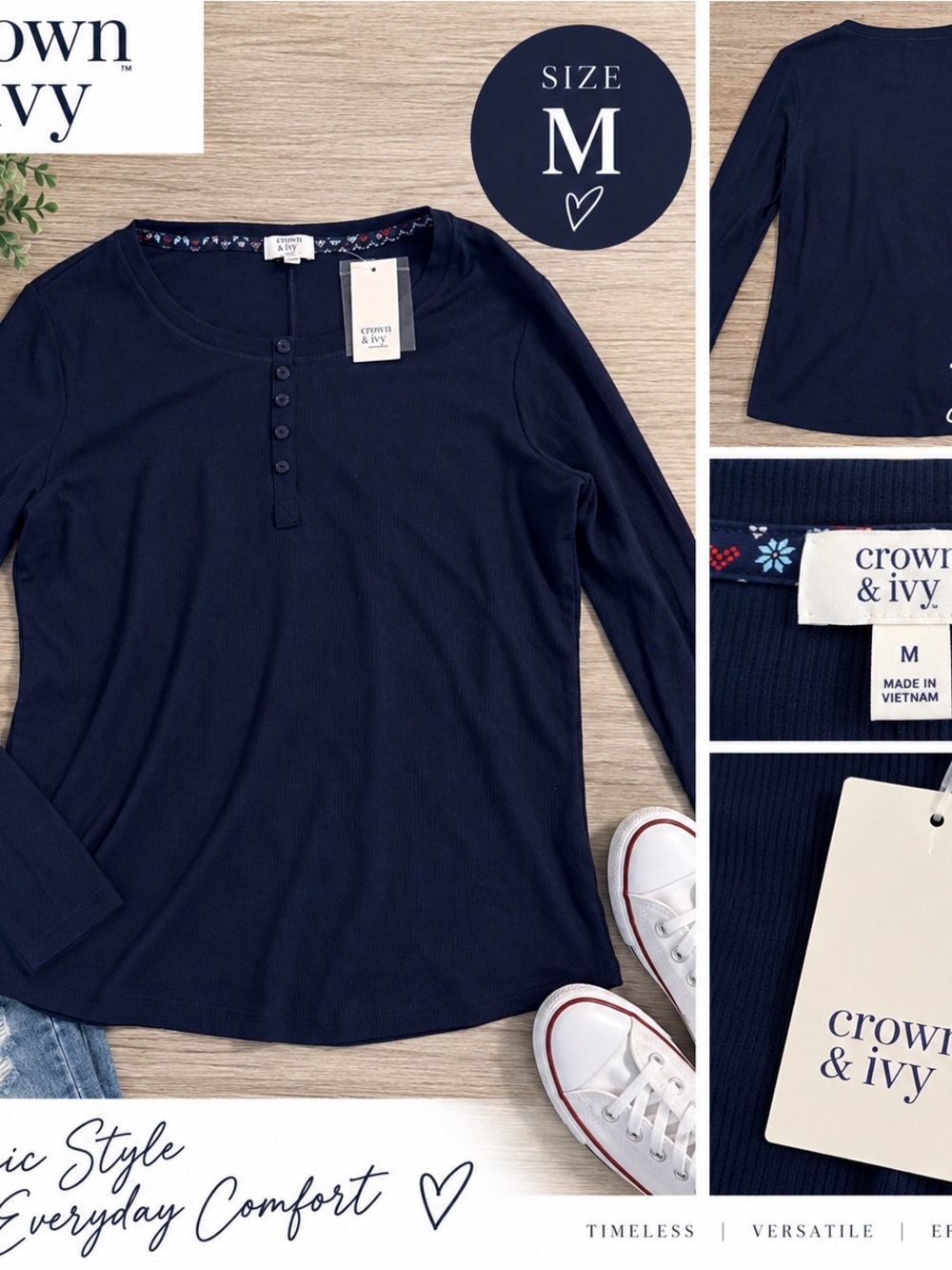 crown & ivy Navy Ribbed Henley Long Sleeve Top